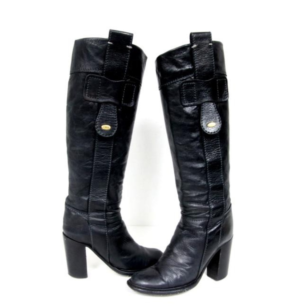 CHLOE SUPER RARE Black Leather Almond Toe Knee-high Block Heel Boots size 38.5